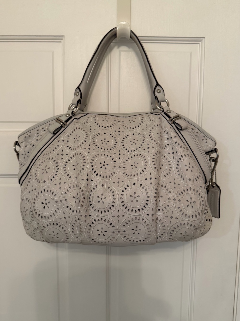Coach Madison Laser-Cut Eyelet Satchel in Light Gray